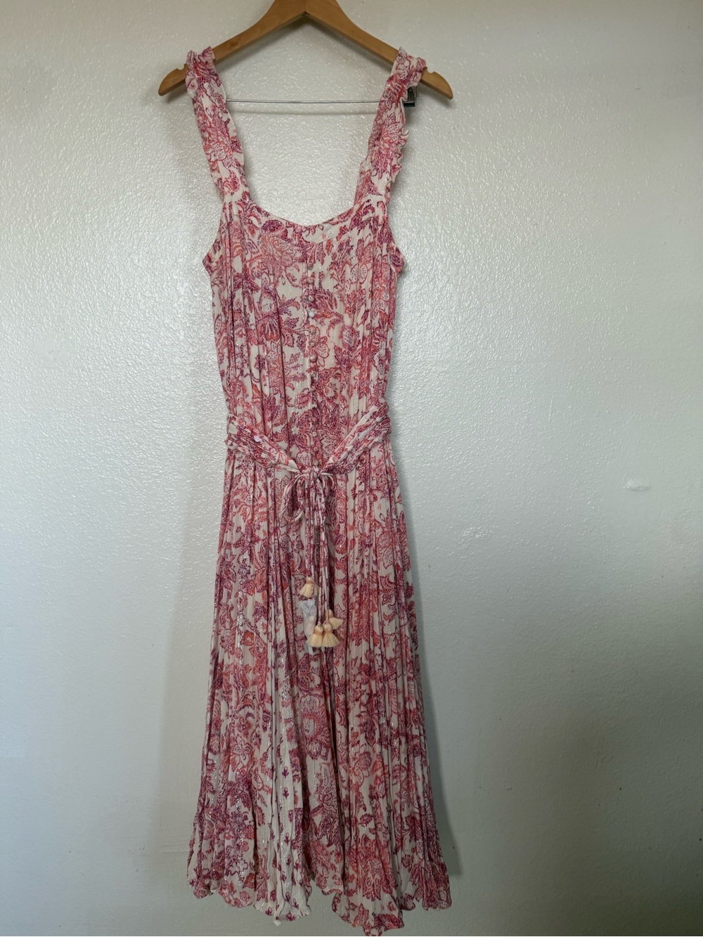 HEMANT & NANDITA Suki Crinkle Rayon Metallic Long Dress With Tie Up Belt SIZE L
